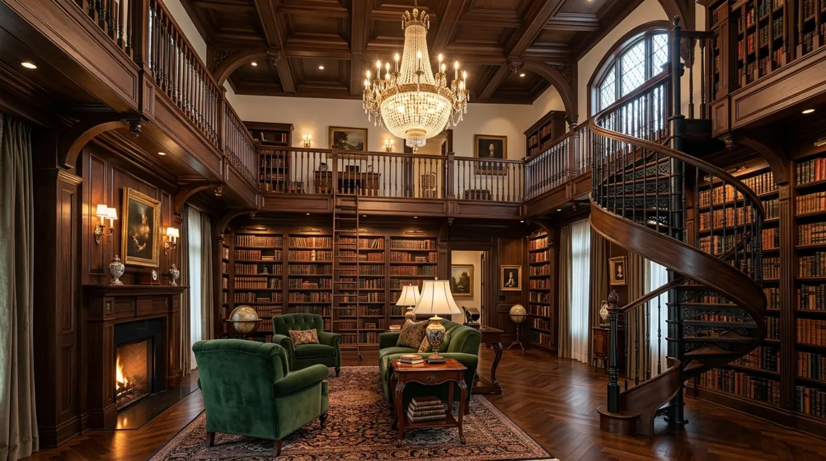 Luxury home library with double-height shelves, spiral staircase, velvet chairs, chandelier, and dramatic dark wood.